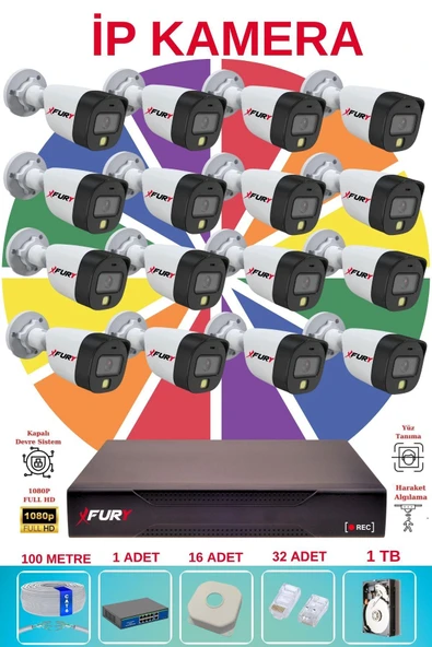 FURY 16 Lı Ip Güvenlik Kamera Seti Sesli 4mp Gece Renkli Su Geçirmez 5515s 1TB - 2