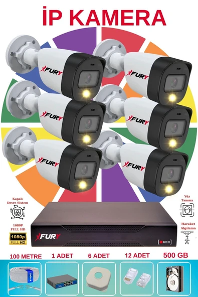 FURY 6 lı Ip Güvenlik Kamera Seti Sesli 4mp Gece Renkli Su Geçirmez 5515s 500GB ürün görseli