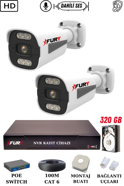 FURY 2 Kameralı Ip Güvenlik Kamerası Seti Sesli 4mp Gece Renkli Su Geçirmez 1506s 320GB - 2