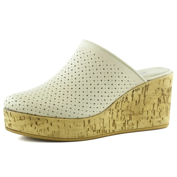 Erkan Saçmacı Aria Bej Hakiki Dana Derisi Önü Kapalı Mantar Taban Görünümlü Dolgu Topuklu Terlik