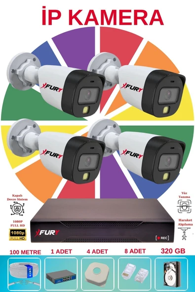 FURY 4 Lü Ip Güvenlik Kamera Seti Sesli 4mp Gece Renkli Su Geçirmez 5515s 320GB - 2