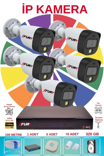FURY 5 Li Ip Güvenlik Kamera Seti Sesli 4mp Gece Renkli Su Geçirmez 5515s 320GB - 2