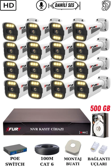 FURY 16 Kameralı Ip Güvenlik Kamerası Seti Sesli 4mp Gece Renkli Su Geçirmez 1506s 500GB ürün görseli
