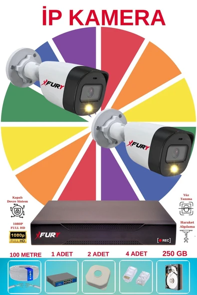 FURY 2 Li Ip Güvenlik Kamera Seti Sesli 4mp Gece Renkli Su Geçirmez 5515s 250GB ürün görseli