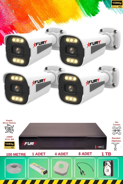 FURY 4 Kameralı 6 Warm Led Gece Renkli Görüş-Cepten İzle-Su Geçirmez Güvenlik Kamera Seti 1TB ürün görseli