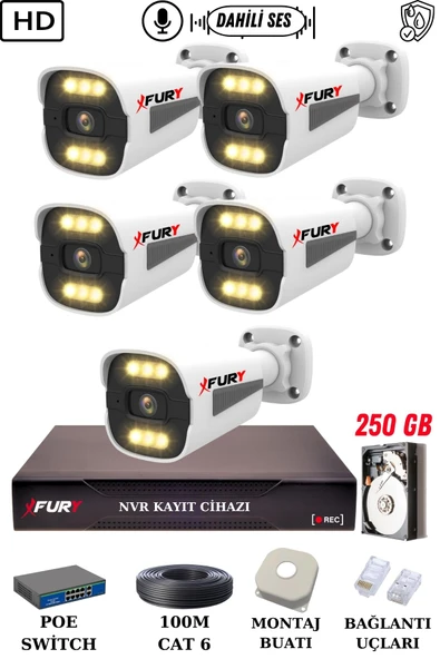 FURY 5 Kameralı Ip Güvenlik Kamerası Seti Sesli 4mp Gece Renkli Su Geçirmez 1506s 250GB ürün görseli