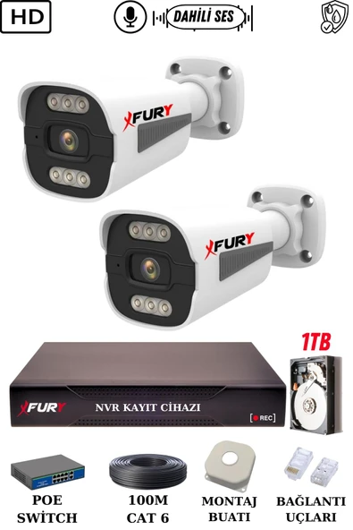 FURY 2 Kameralı Ip Güvenlik Kamerası Seti Sesli 4mp Gece Renkli Su Geçirmez 1506s 1TB - Resim 2