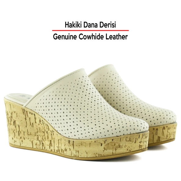 Erkan Saçmacı Aria Bej Hakiki Dana Derisi Önü Kapalı Mantar Taban Görünümlü Dolgu Topuklu Terlik - 3