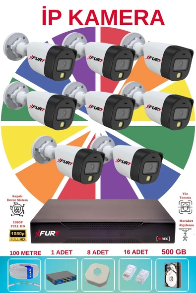 FURY 8 li Ip Güvenlik Kamera Seti Sesli 4mp Gece Renkli Su Geçirmez 5515s 500GB - 2