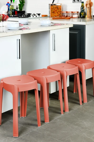 Kaymaz Ayaklı Dekoratif İç İçe Geçebilen Plastik Tabure Mutfak Bahçe Taburesi 4 Adet Mercan