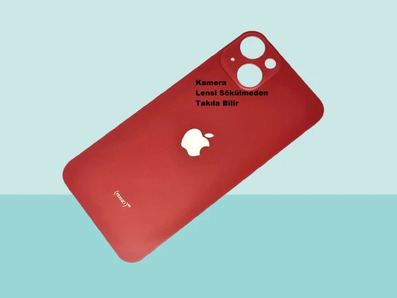 Tkgz - iPhone 13 Arka Pil Batarya Kapağı - Cam kapak Geniş Lens Deliği - KIRMIZI ürün görseli 1