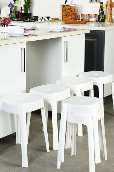 İronika Kaymaz Ayaklı Dekoratif İç İçe Geçebilen Plastik Tabure Mutfak Bahçe Taburesi 6 Adet Beyaz - 1