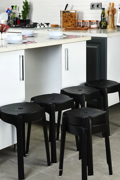 İronika Kaymaz Ayaklı Dekoratif İç İçe Geçebilen Plastik Tabure Mutfak Bahçe Taburesi 6 Adet Siyah ürün görseli