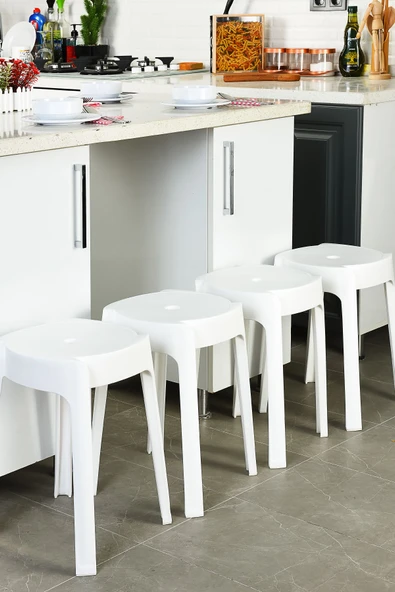 İronika Kaymaz Ayaklı Dekoratif İç İçe Geçebilen Plastik Tabure Mutfak Bahçe Taburesi 4 Adet Beyaz - 1