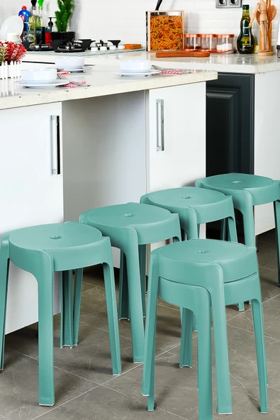 Kaymaz Ayaklı Dekoratif İç İçe Geçebilen Plastik Tabure Mutfak Bahçe Taburesi 6 Adet Yeşil - 1
