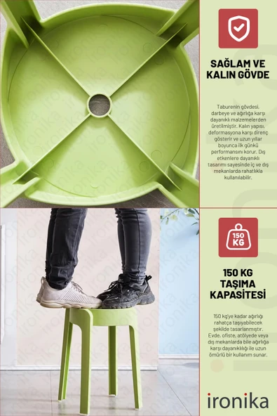 Kaymaz Ayaklı Dekoratif İç İçe Geçebilen Plastik Tabure Mutfak Bahçe Taburesi 4 Adet Yeşil Beyaz - 5