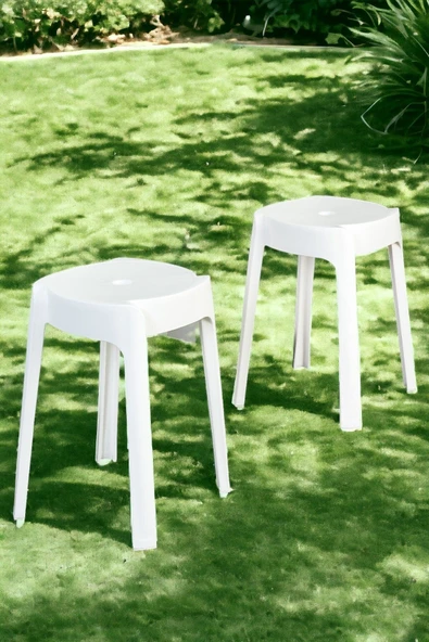 İronika Kaymaz Ayaklı Dekoratif İç İçe Geçebilen Plastik Tabure Mutfak Bahçe Taburesi 4 Adet Beyaz - 5