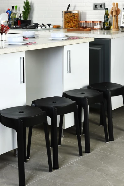 İronika Kaymaz Ayaklı Dekoratif İç İçe Geçebilen Plastik Tabure Mutfak Bahçe Taburesi 4 Adet Siyah ürün görseli