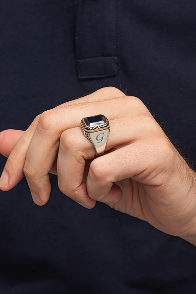 Lacivert Kare Zirkon Taşlı Harfli 925 Erkek Gümüş Yüzük - Resim 4
