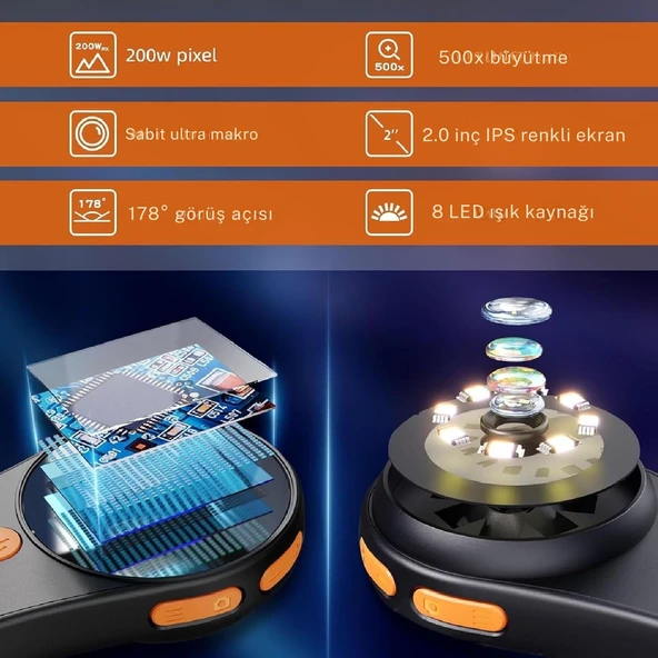 TechTic Dijital Mini El Mikroskobu 2İnç Ekran 1080 P 500X Video-Fotoğraf 8LED Tekstil Cilt Analizi - Resim 11