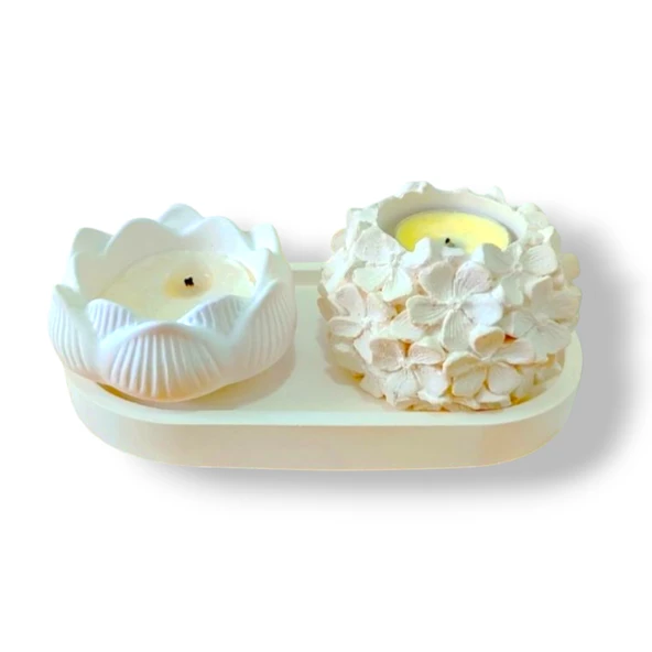 Dekoratif Çiçekli ve Lotus Mumluk Seti ürün görseli 1