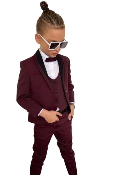 Erkek Çocuk Yakası Şerit Detaylı Cepken Yelekli Blazer Ceketli Bordo Takım Elbise - 5