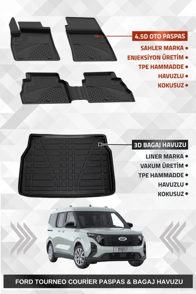 Sahler Ford Tourneo Courier 2024+ Uyumlu 4.5D Premium Havuzlu Oto Paspas ve Liner Marka 3D Bagaj Havuzu ürün görseli