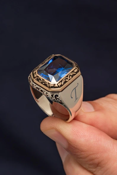 Lacivert Kare Zirkon Taşlı Harfli 925 Erkek Gümüş Yüzük ürün görseli