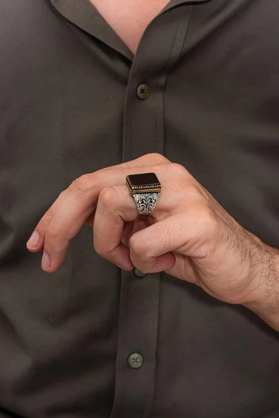 Siyah Oniks Taşlı 925 Erkek Gümüş Yüzük - Resim 3