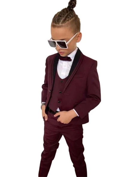 Erkek Çocuk Yakası Şerit Detaylı Cepken Yelekli Blazer Ceketli Bordo Takım Elbise - 6