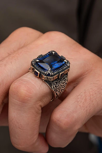 Lacivert Taşlı Dikdörgen 925 Erkek Gümüş Yüzük - Resim 2