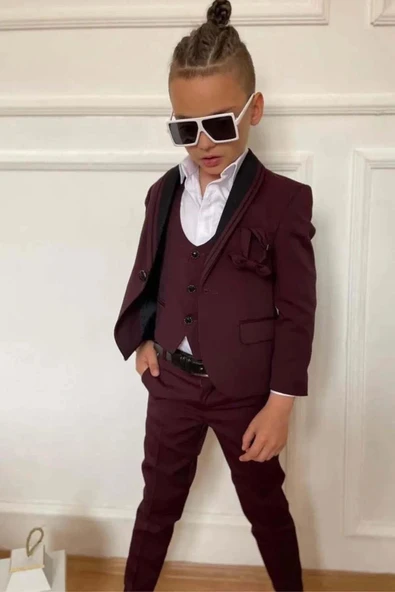 Erkek Çocuk Yakası Şerit Detaylı Cepken Yelekli Blazer Ceketli Bordo Takım Elbise