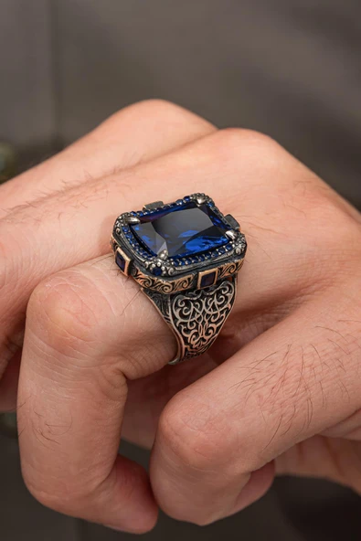 Lacivert Taşlı Dikdörgen 925 Erkek Gümüş Yüzük ürün görseli