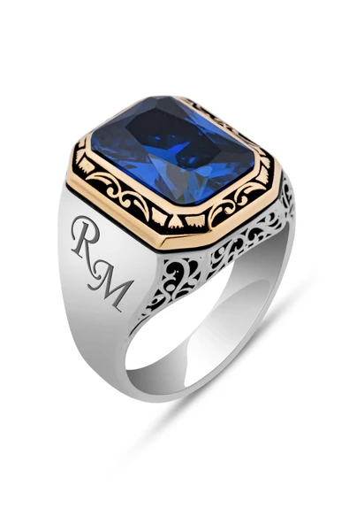 Lacivert Kare Zirkon Taşlı Harfli 925 Erkek Gümüş Yüzük - Resim 2