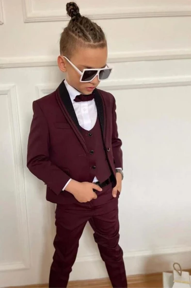 Erkek Çocuk Yakası Şerit Detaylı Cepken Yelekli Blazer Ceketli Bordo Takım Elbise - 3