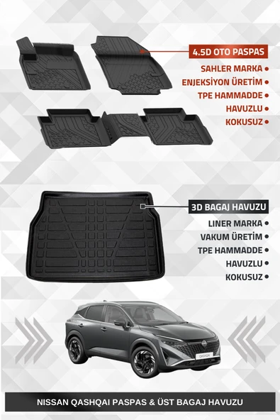 Sahler Qashqai 2022+ Benzinli Uyumlu 4.5D Premium Havuzlu Oto Paspas ve Liner Marka 3D UST Bagaj Havuzu