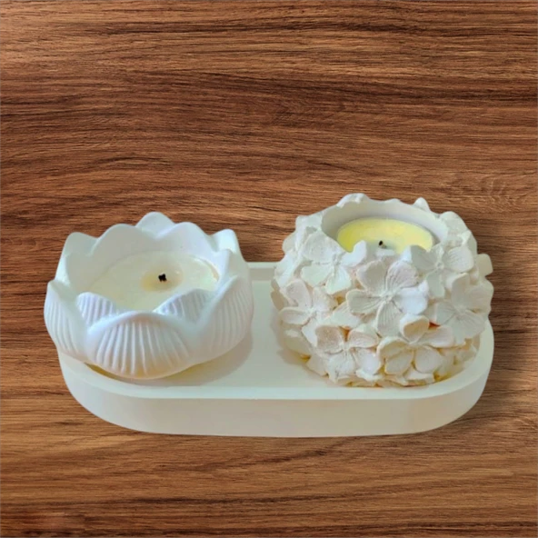 Dekoratif Çiçekli ve Lotus Mumluk Seti