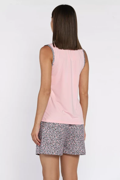 Pembe Kadın Bisiklet Yaka Baskılı Şortlu Pijama Takımı - 3