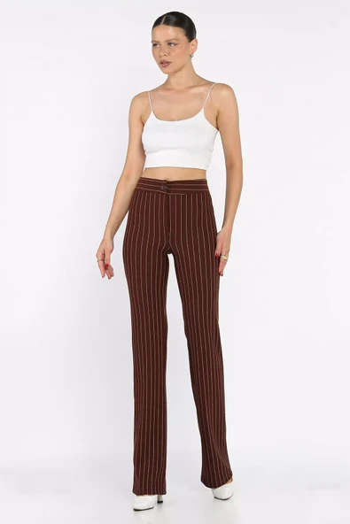 Kahve Kadın Çizgi Desenli Boru Paça Pantolon - 2