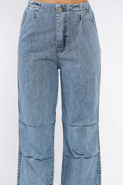 Açıkmavi Kadın Bel Ve Paça Lastikli Yüksek Bel Jean Kot Pantolon - 4