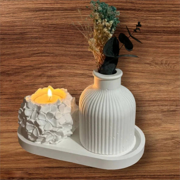 Minimalist Vazo Ve Çiçekli Mumluk Set