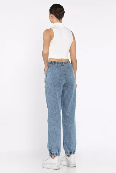 Açıkmavi Kadın Bel Ve Paça Lastikli Yüksek Bel Jean Kot Pantolon - 3