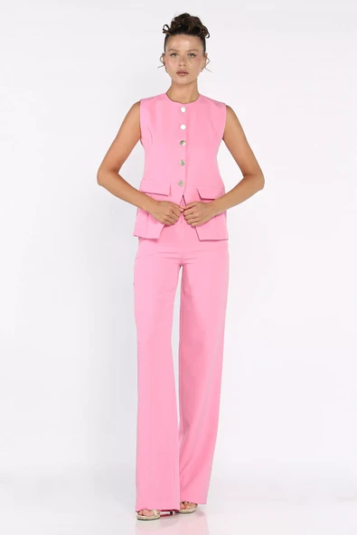 Pembe Kadın Astarlı Yelek Slim Fit Pantolon İkili Takım - 1