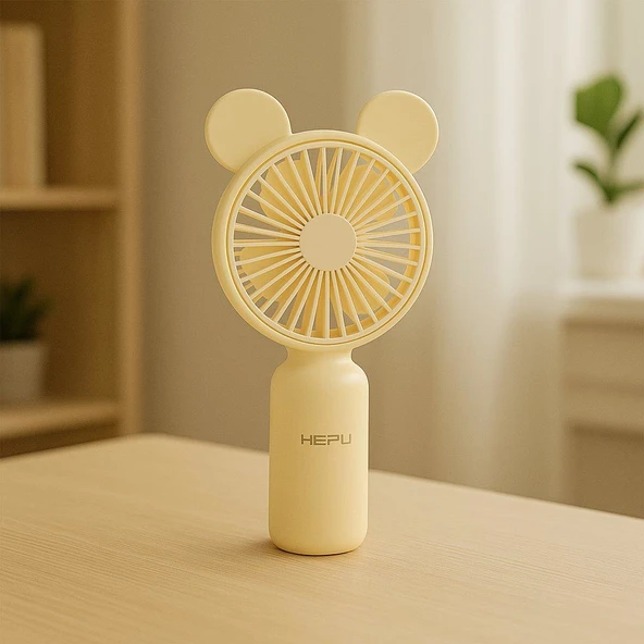 HEPU HP-F04 USB Şarjlı El Tipi Mini Fan – Ayıcık Kulak Figürlü, 3 Kademeli Rüzgar Seçeneği - 3