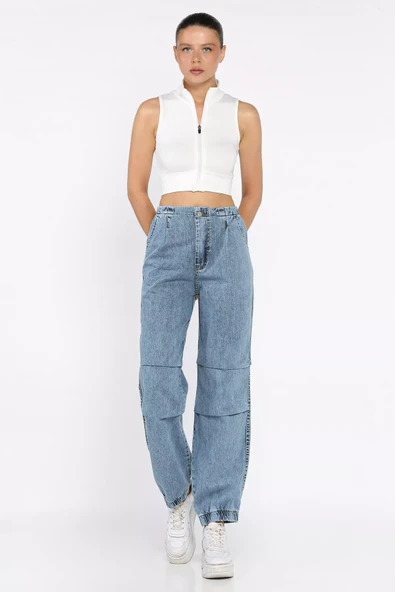 Açıkmavi Kadın Bel Ve Paça Lastikli Yüksek Bel Jean Kot Pantolon - 1