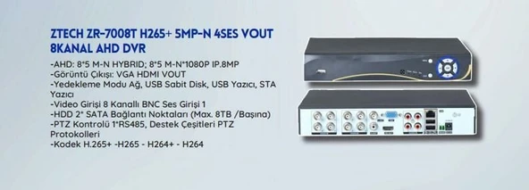 KAYIT CİHAZI ZTECH ZR-7008T-LME 5MP 8 KANAL XVR KAYIT CİHAZI - 2