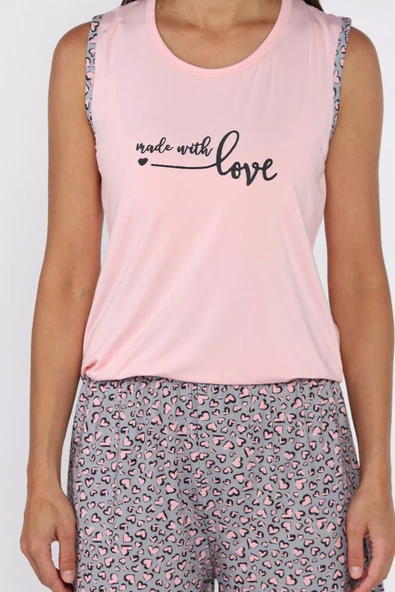 Pembe Kadın Bisiklet Yaka Baskılı Şortlu Pijama Takımı - 4