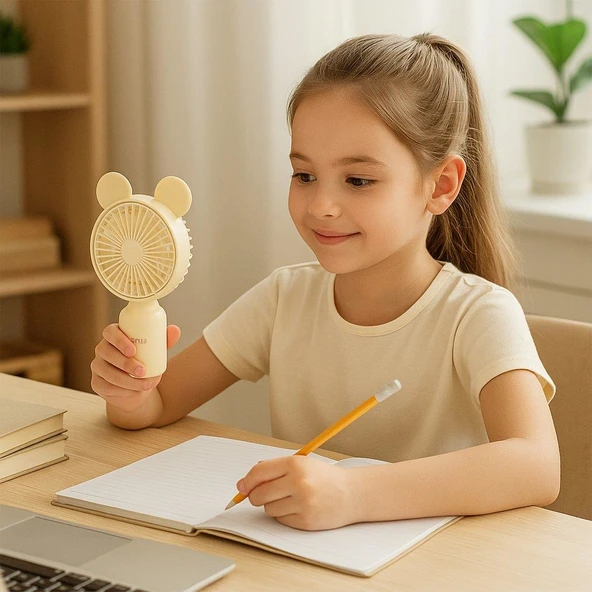 HEPU HP-F04 USB Şarjlı El Tipi Mini Fan – Ayıcık Kulak Figürlü, 3 Kademeli Rüzgar Seçeneği - 2