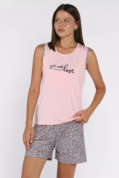 Pembe Kadın Bisiklet Yaka Baskılı Şortlu Pijama Takımı - 1