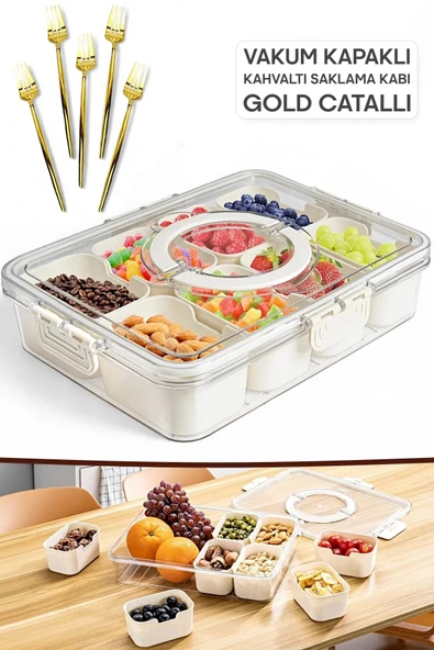 Tilbe Home Kahvaltılık Saklama Kabı Organizer Kilit Kapaklı 8 Bölmeli Taşınabilir Piknik Gold Çatallı Seti ürün görseli